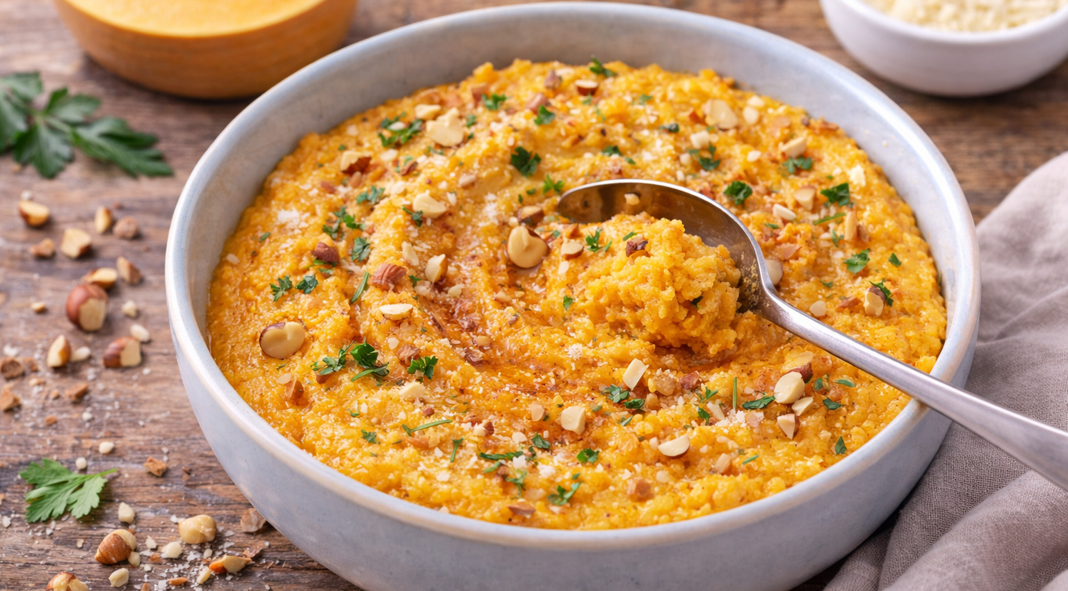 Polenta crémeuse à la courge, épices douces et noisettes au Cookeo