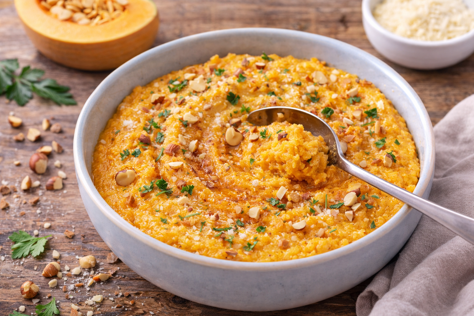 Polenta crémeuse à la courge, épices douces et noisettes au Cookeo