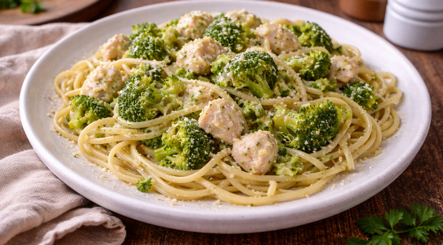 Poulet à l’ail et brocoli au Cookeo, servi sur spaghettis