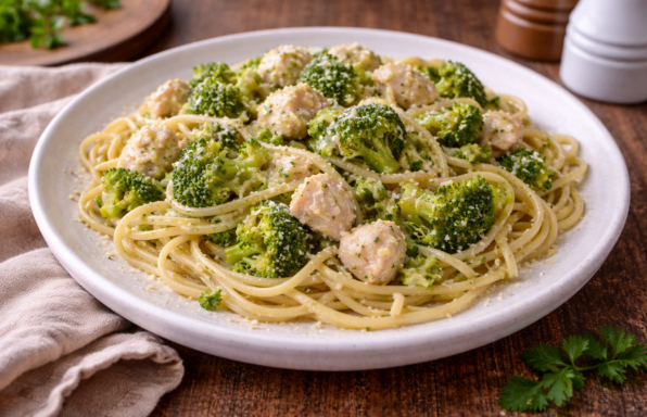 Poulet à l’ail et brocoli au Cookeo, servi sur spaghettis