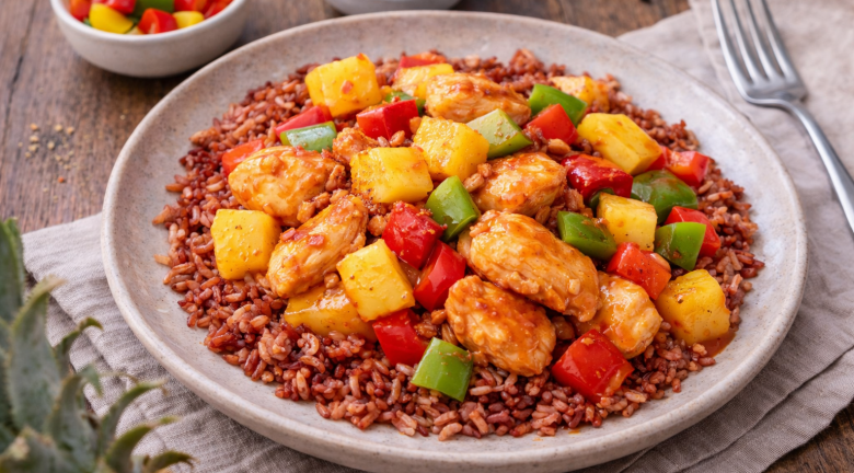 Poulet sucré-salé à l’ananas et poivrons, riz complet (Cookeo)