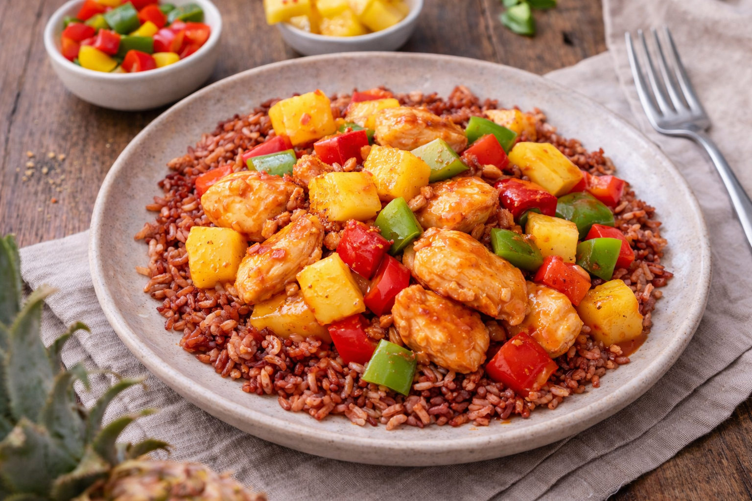 Poulet sucré-salé à l’ananas et poivrons, riz complet (Cookeo)