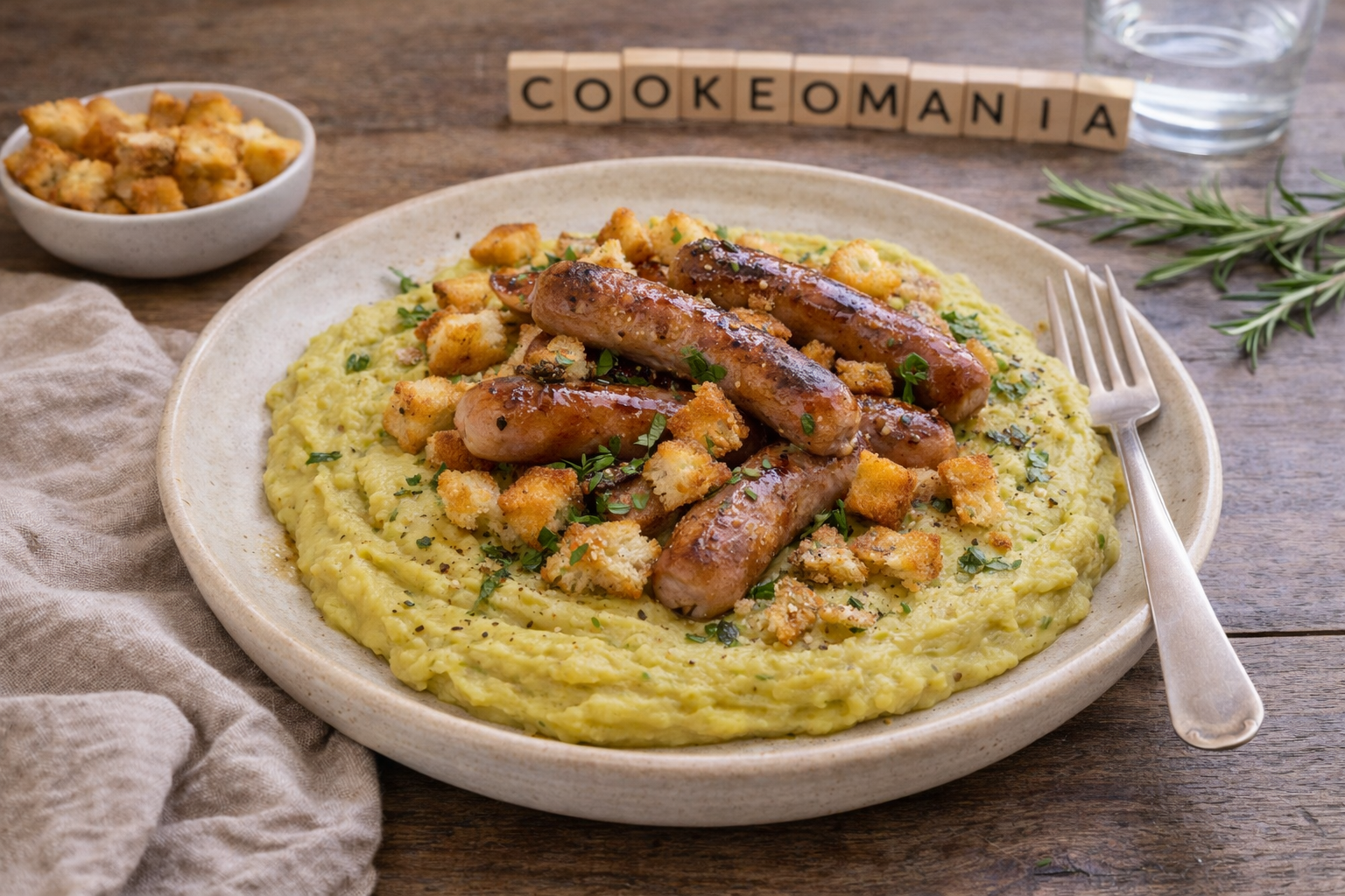 Purée de pois cassés et chipolatas dorées au Cookeo