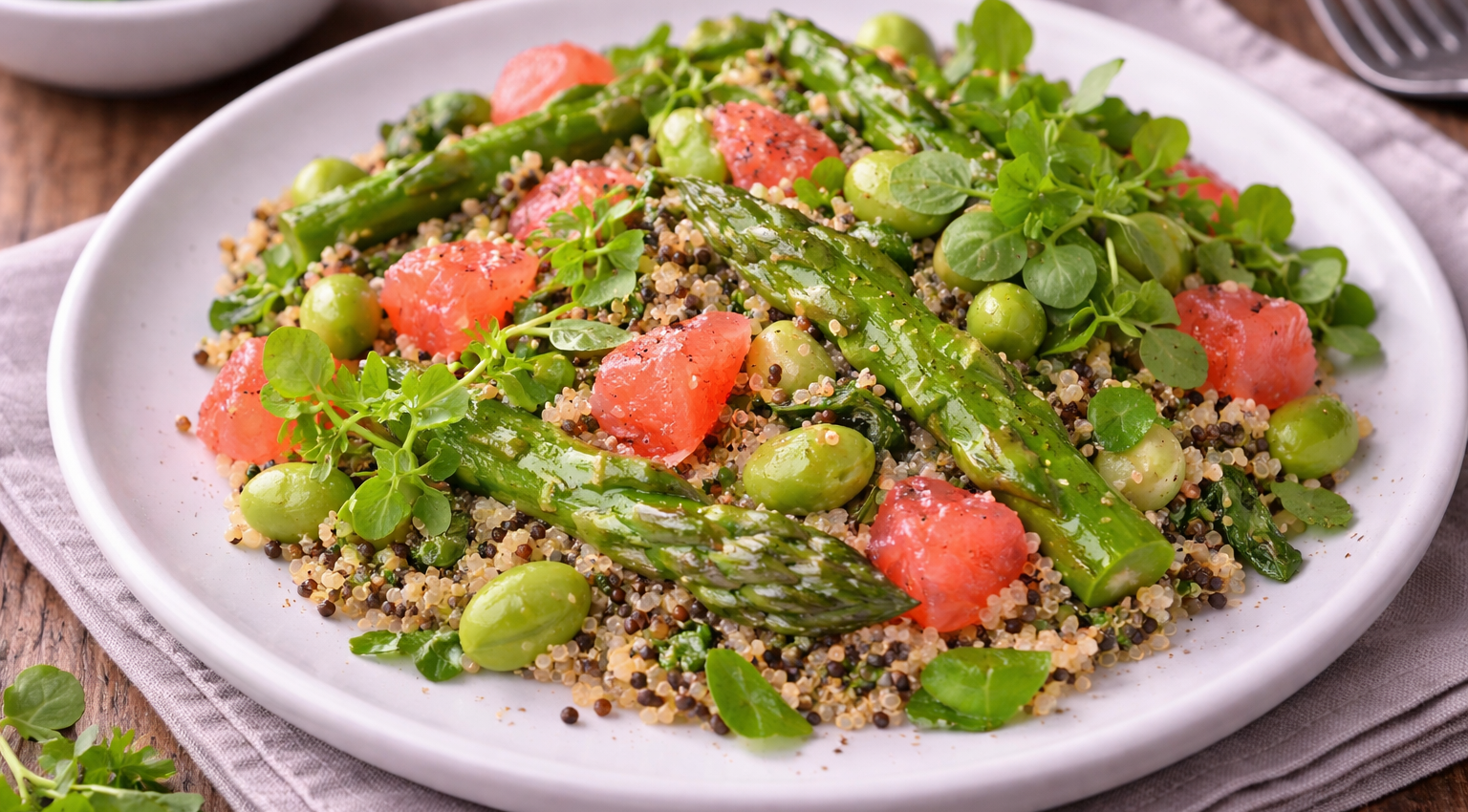 Quinoa sauté aux asperges, fèves et pamplemousse (Cookeo)