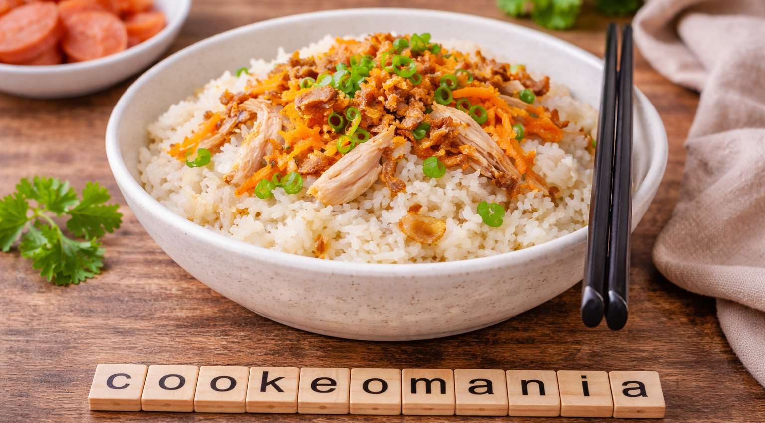 Riz gluant au poulet et échalotes croustillantes au Cookeo
