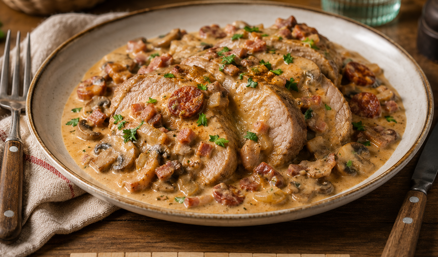 Rôti de porc au chorizo, lardons et champignons au Cookeo, la recette crémeuse et généreuse