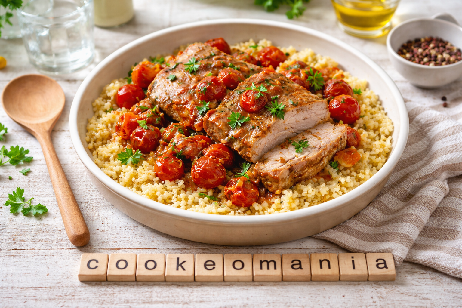 Rôti de porc fondant au boulgour et tomates cerises