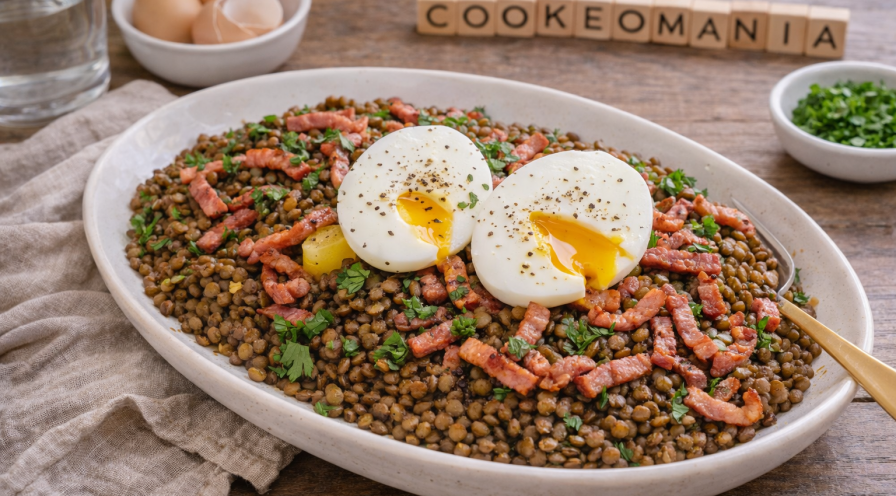 Salade de lentilles au bacon et œufs mollets au Cookeo