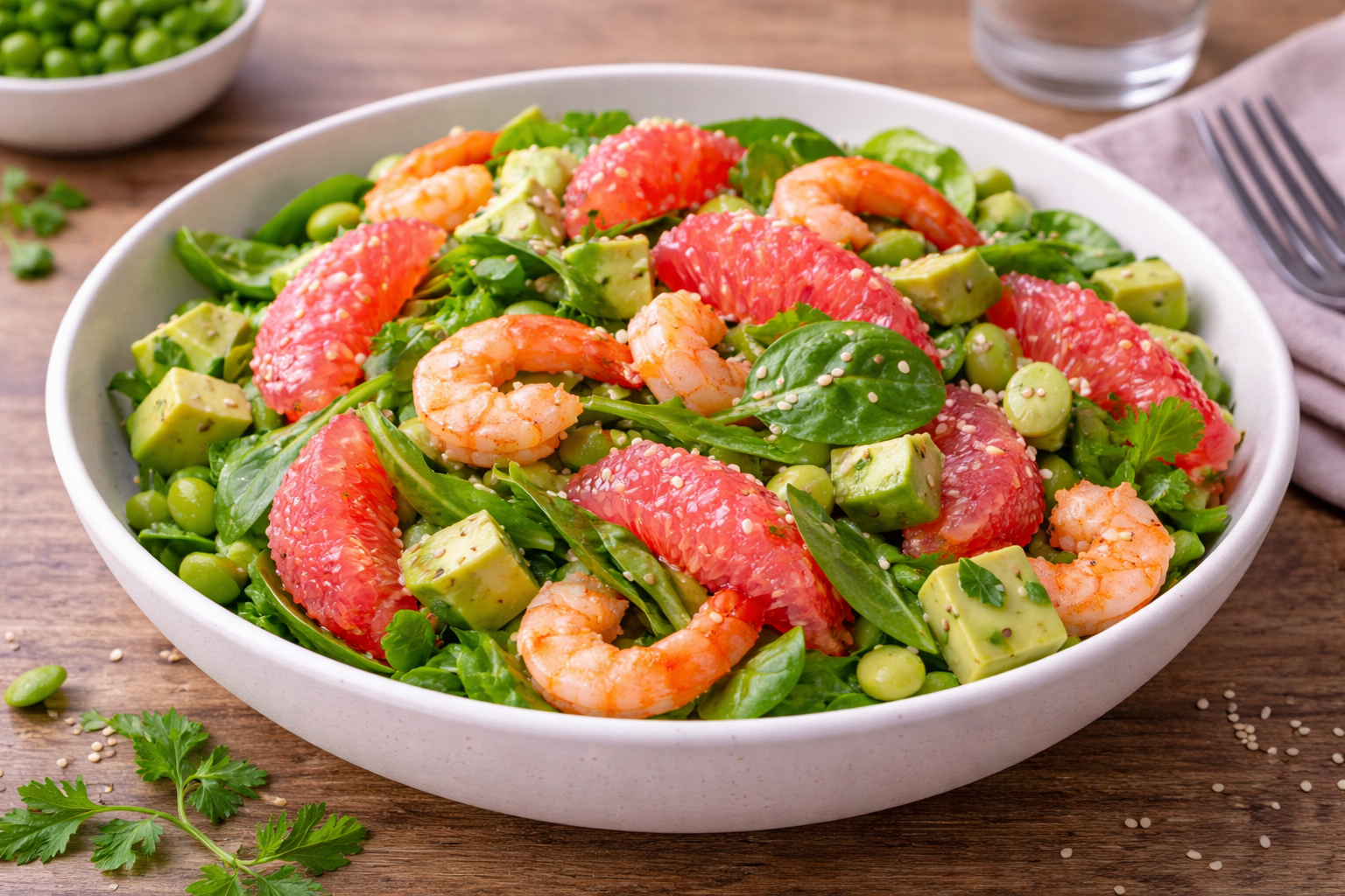 Salade fraîche avocat–pamplemousse et crevettes tiédies au Cookeo