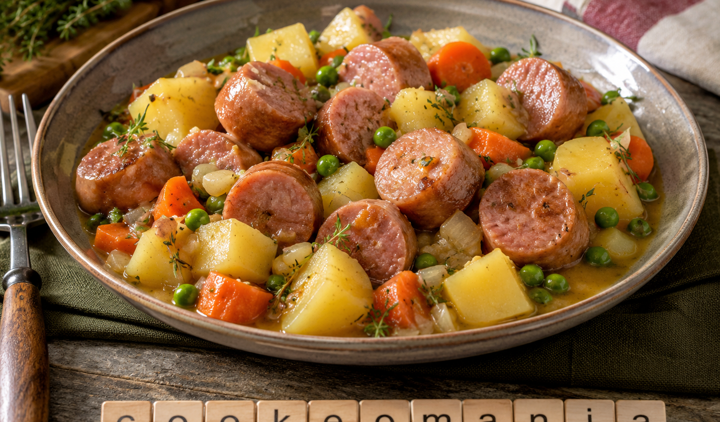 Saucisses charcutières aux pommes de terre et petits pois au Cookeo, le plat familial simple et savoureux