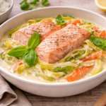 Saumon crémeux aux légumes façon waterzoï, basilic frais à l'autocuiseur cookéo
