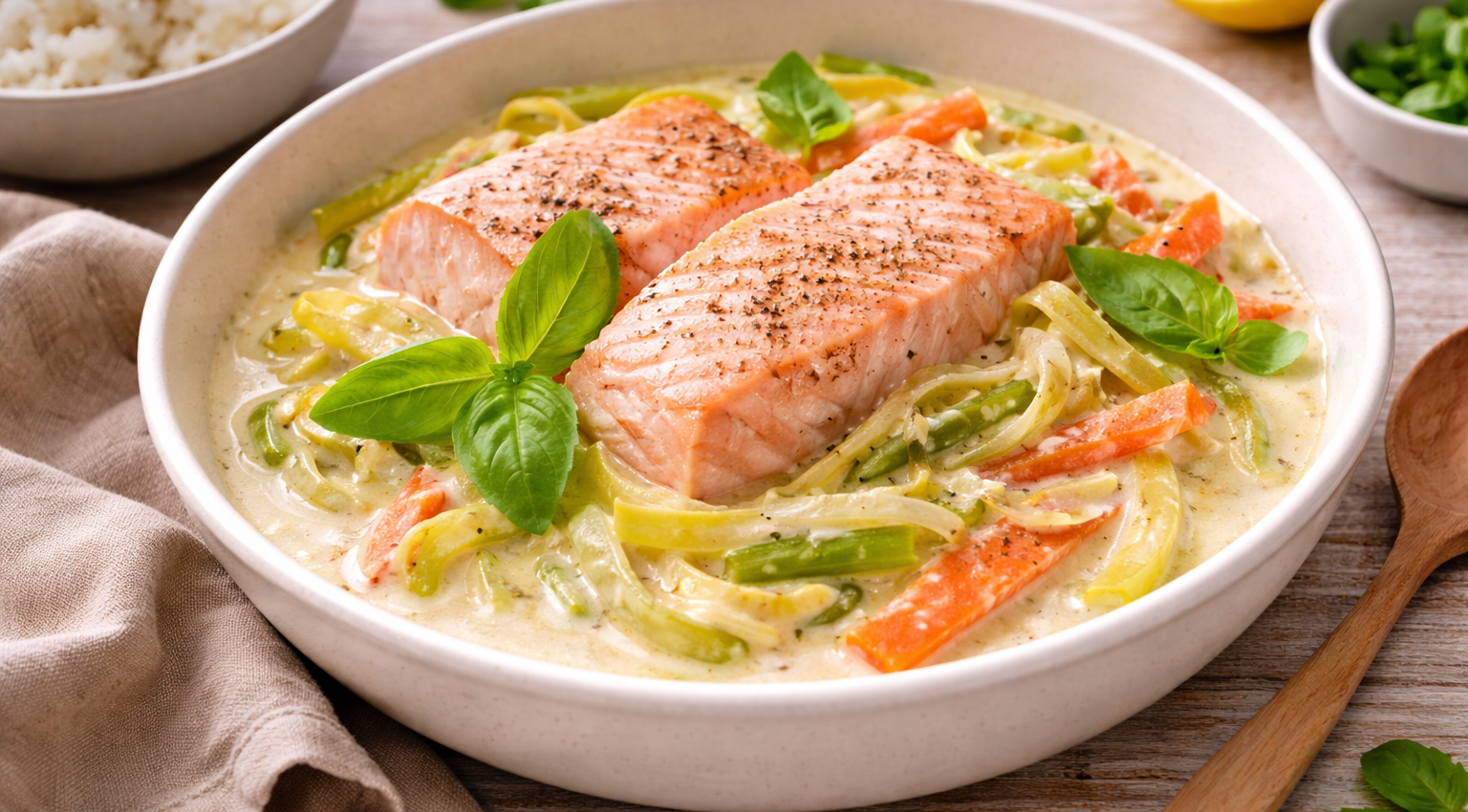 Saumon crémeux aux légumes façon waterzoï, basilic frais au Cookeo