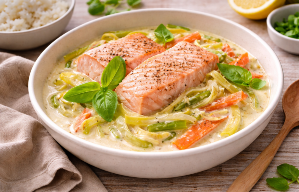 Saumon crémeux aux légumes façon waterzoï, basilic frais au Cookeo