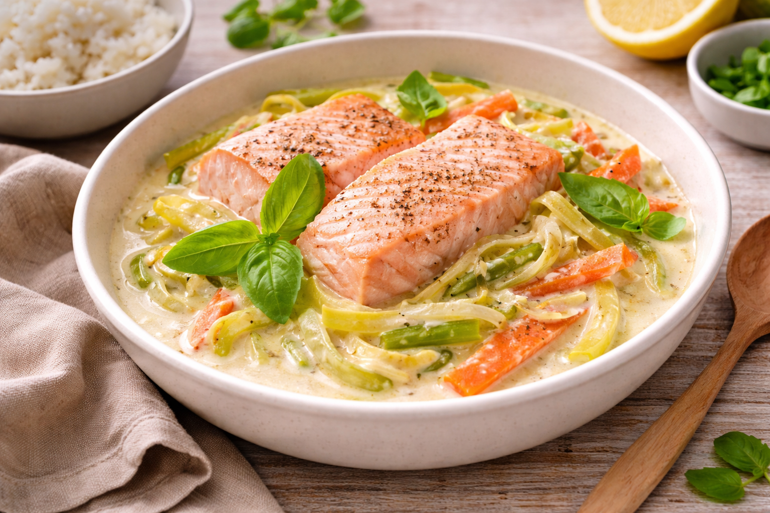 Saumon crémeux aux légumes façon waterzoï, basilic frais au Cookeo