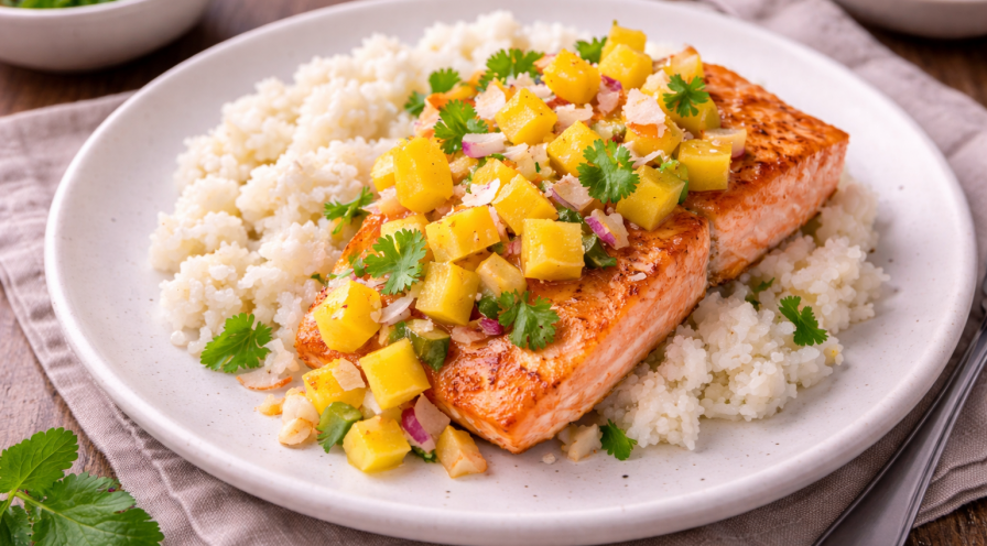 Saumon doré, riz coco crémeux et salsa mangue croquante (Cookeo)