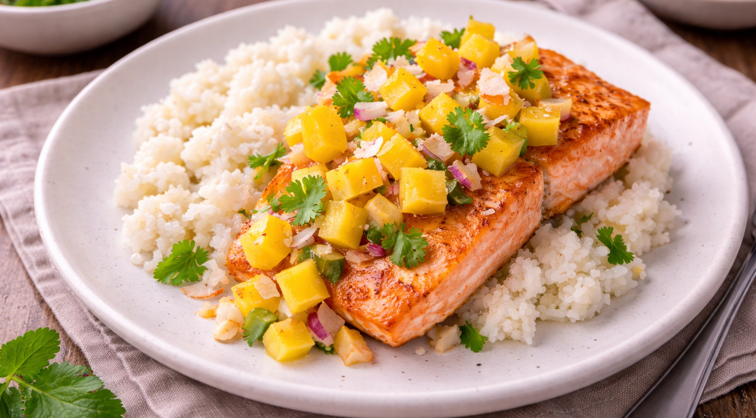 Saumon doré, riz coco crémeux et salsa mangue croquante (Cookeo)