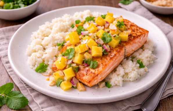 Saumon doré, riz coco crémeux et salsa mangue croquante (Cookeo)