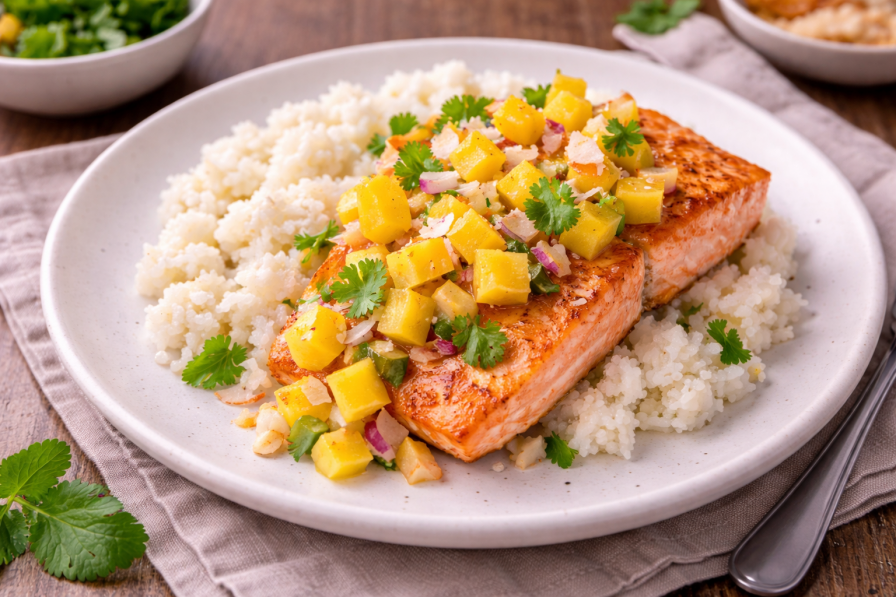 Saumon doré, riz coco crémeux et salsa mangue croquante (Cookeo)