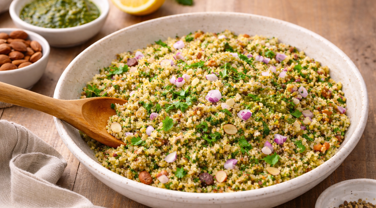 Semoule verte au pesto d’herbes au Cookeo