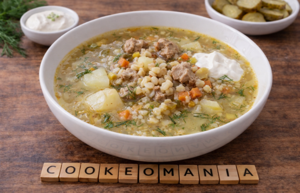 Soupe rustique à l’orge perlé, viande et cornichons au Cookeo