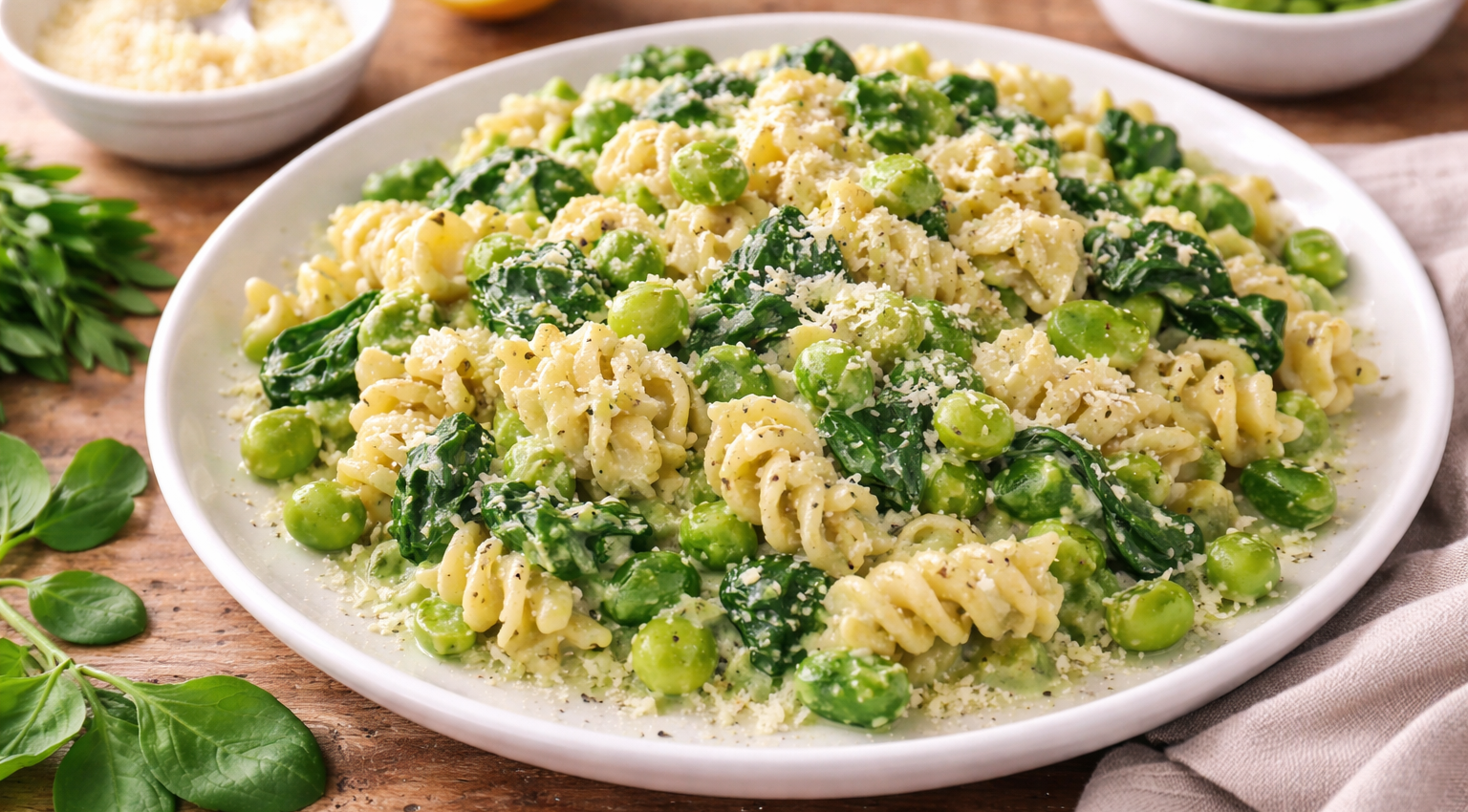 Torsades crémeuses aux fèves, petits pois et épinards au Cookeo