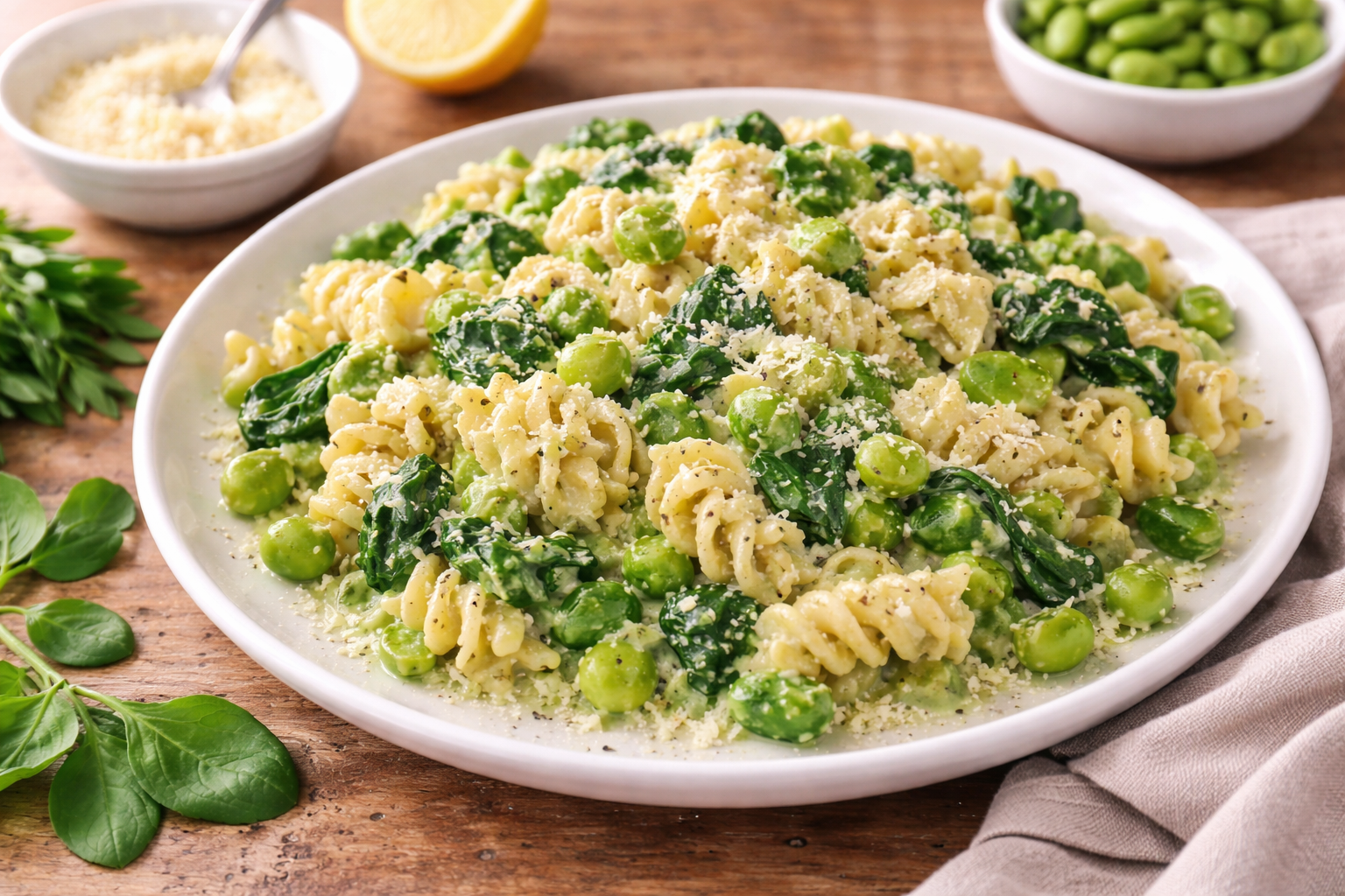 Torsades crémeuses aux fèves, petits pois et épinards au Cookeo