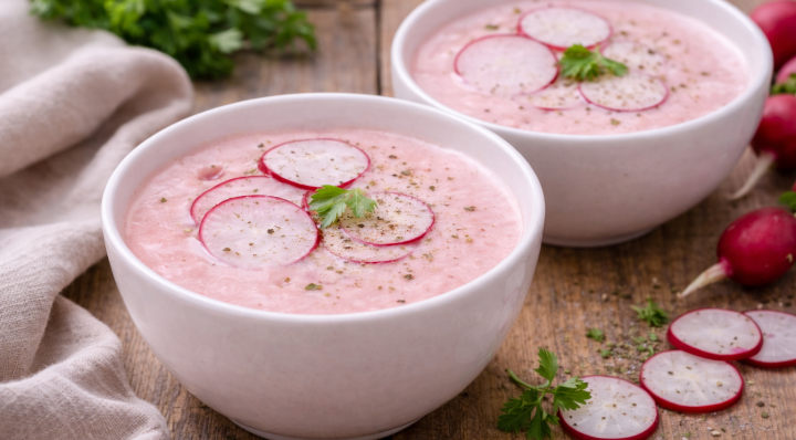 Velouté rose de radis et pomme de terre au Cookeo