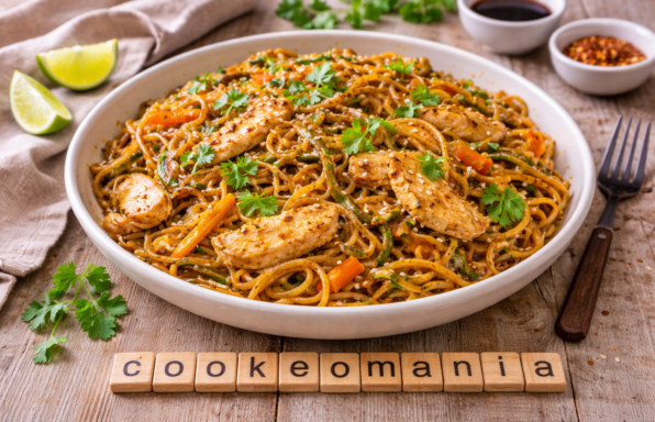 Wok de nouilles au poulet et légumes croquants
