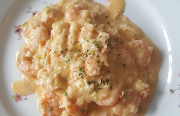 Crevettes sur fondue de poireaux au cookeo