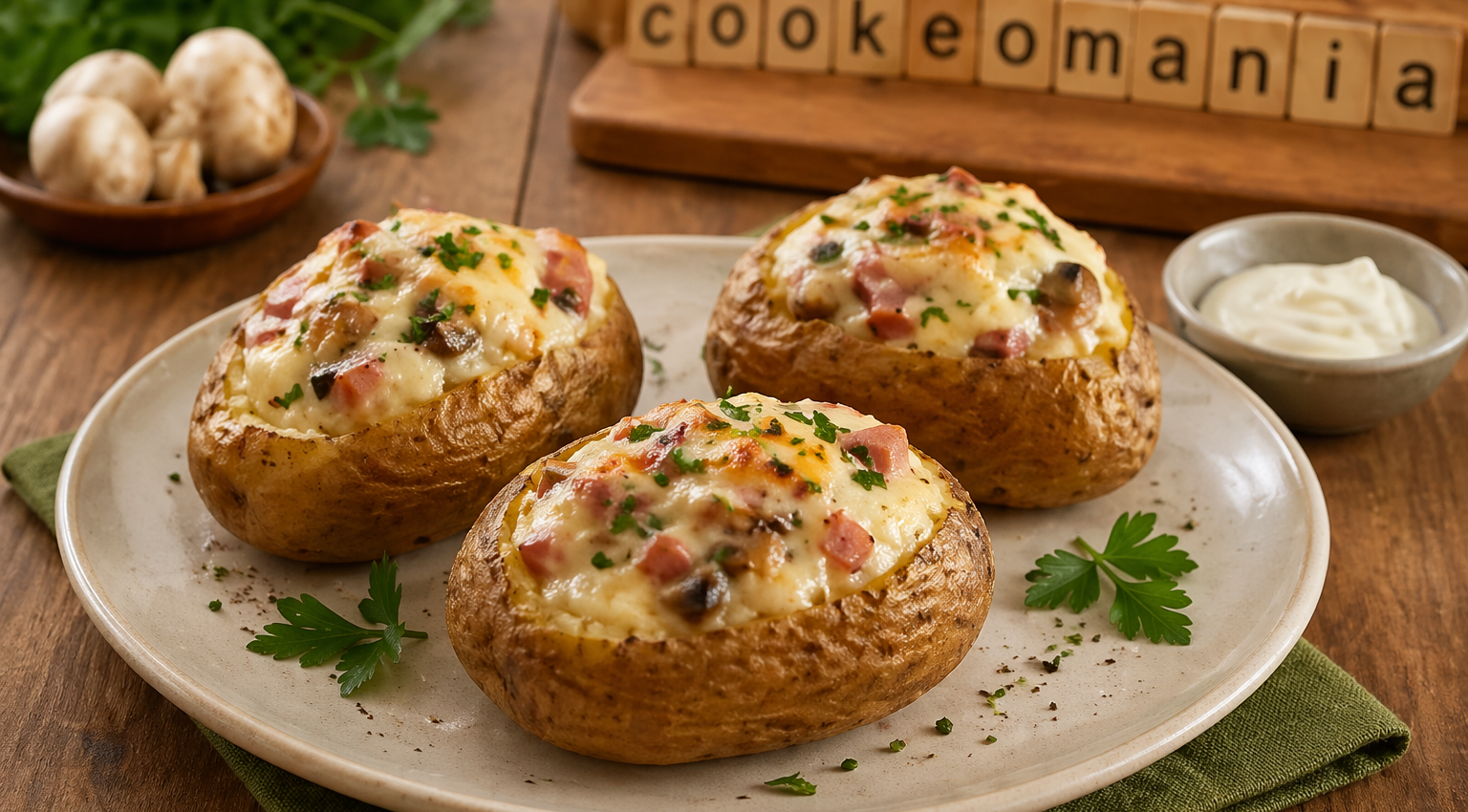 Pommes de terre farcies à la Vache qui rit, lardons et champignons