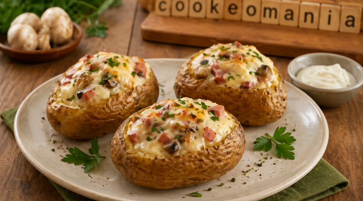 Pommes de terre farcies à la Vache qui rit, lardons et champignons