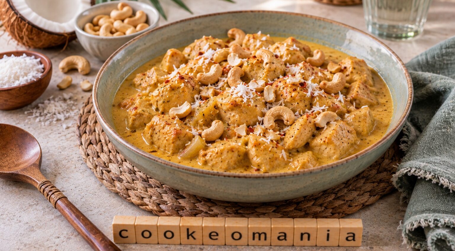 Poulet au lait de coco, curry et noix de cajou
