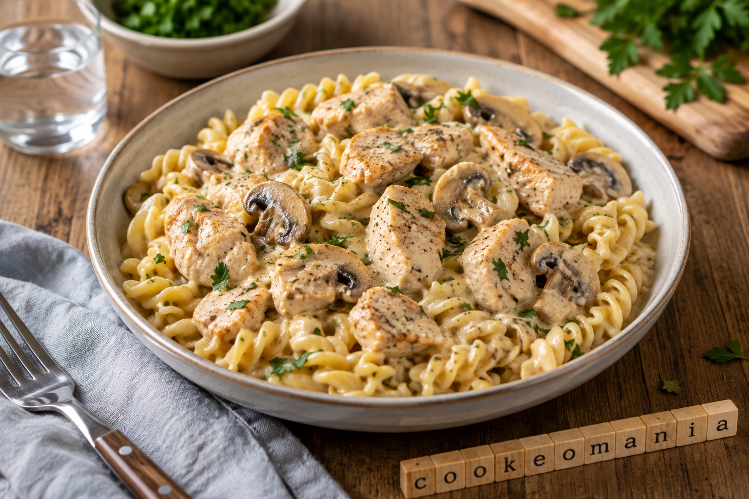 Poulet crémeux aux champignons et pâtes, le plat familial express