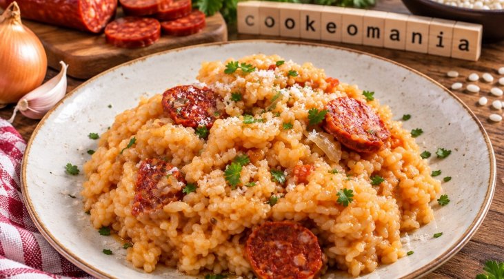 Risotto au chorizo servi dans une assiette avec rondelles de chorizo et décoration Cookeomania