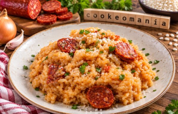 Risotto au chorizo servi dans une assiette avec rondelles de chorizo et décoration Cookeomania