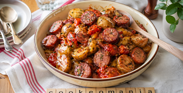 Saucisses fumées, pommes de terre et tomates à la moutarde au Cookeo le plat familial plein de goût