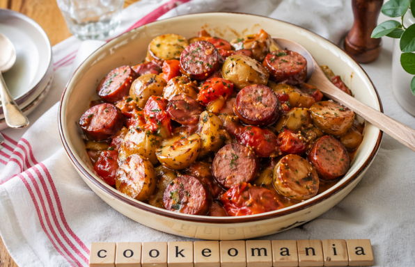 Saucisses fumées, pommes de terre et tomates à la moutarde au Cookeo le plat familial plein de goût