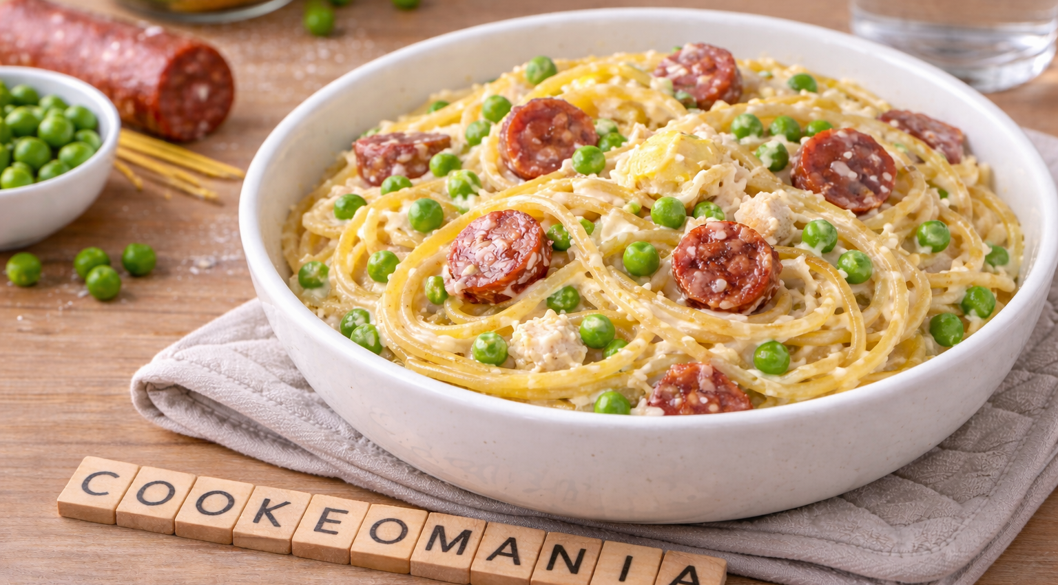 Spaghettis crémeux au chèvre, chorizo et petits pois au Cookeo