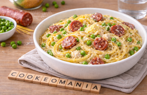 Spaghettis crémeux au chèvre, chorizo et petits pois au Cookeo