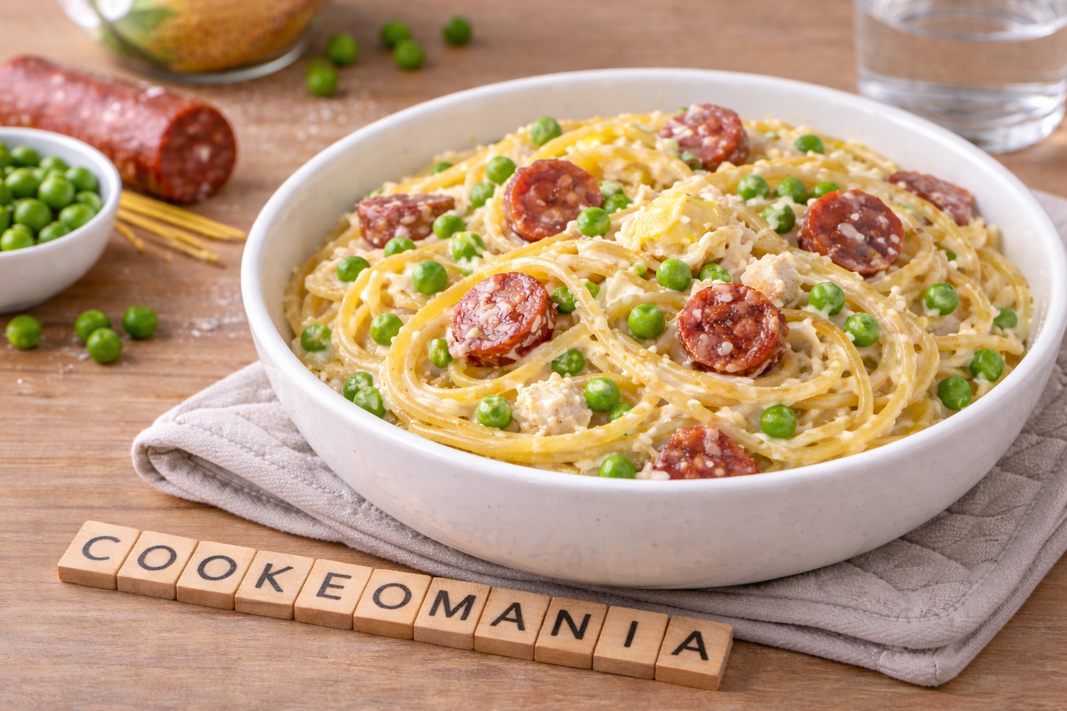 Spaghettis crémeux au chèvre, chorizo et petits pois au Cookeo