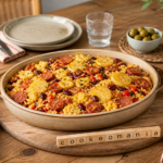 Brouillade à l’espagnole au Cookeo, riz, chorizo et œufs fondants dans une assiette généreuse au robot multi-cuiseur Moulinex