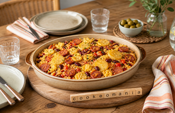Brouillade à l’espagnole au Cookeo, riz, chorizo et œufs fondants dans une assiette généreuse