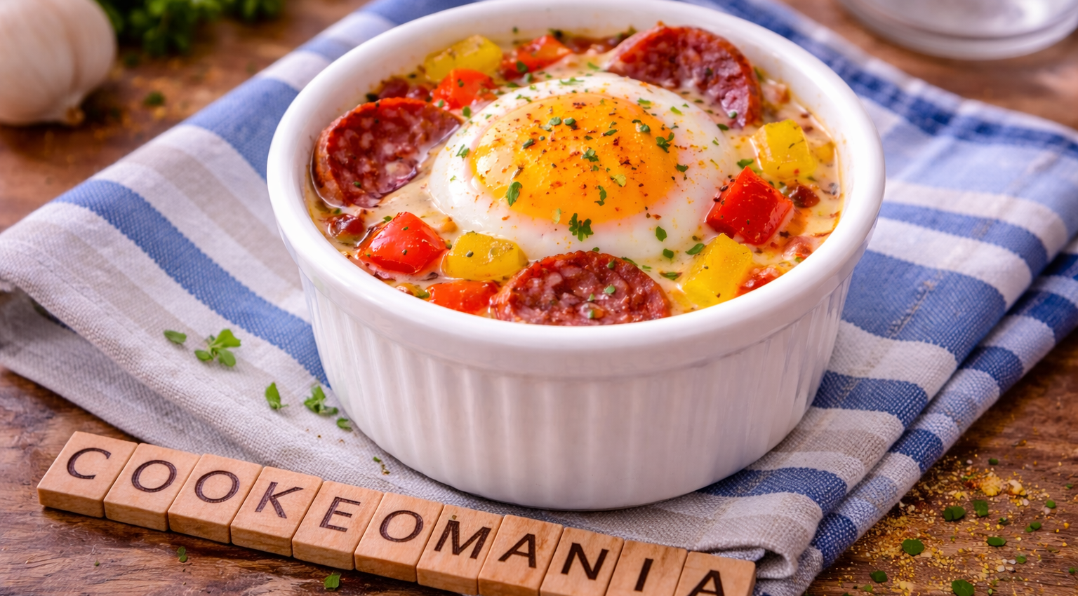 Œuf cocotte au chorizo et poivron mariné au Cookeo