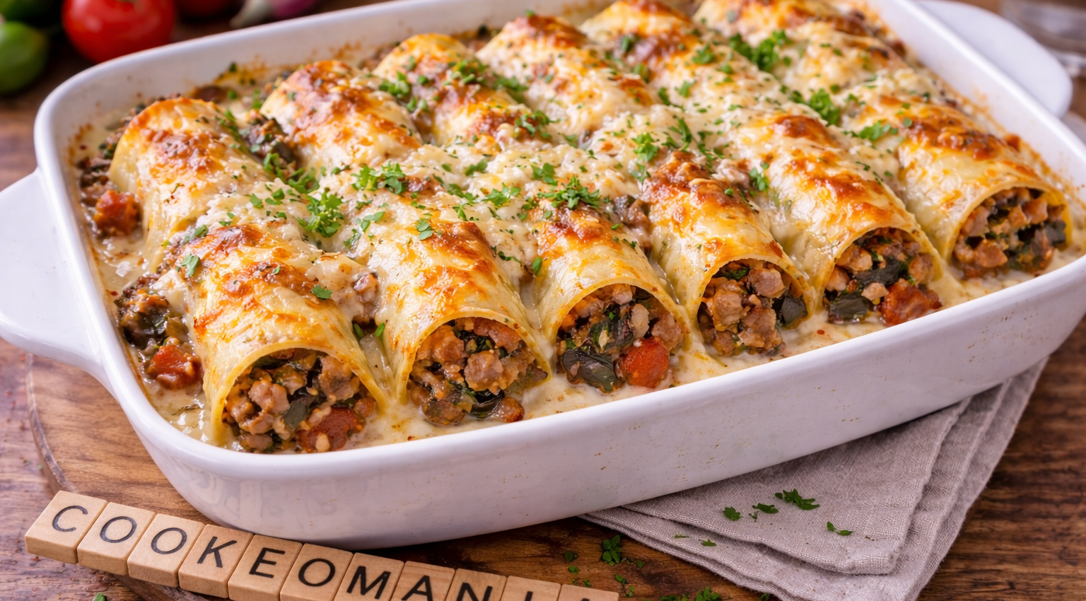 Manicottis farcis au bœuf, merguez et aubergine gratinés à la parmesane