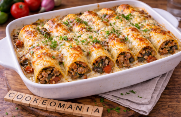 Manicottis farcis au bœuf, merguez et aubergine gratinés à la parmesane