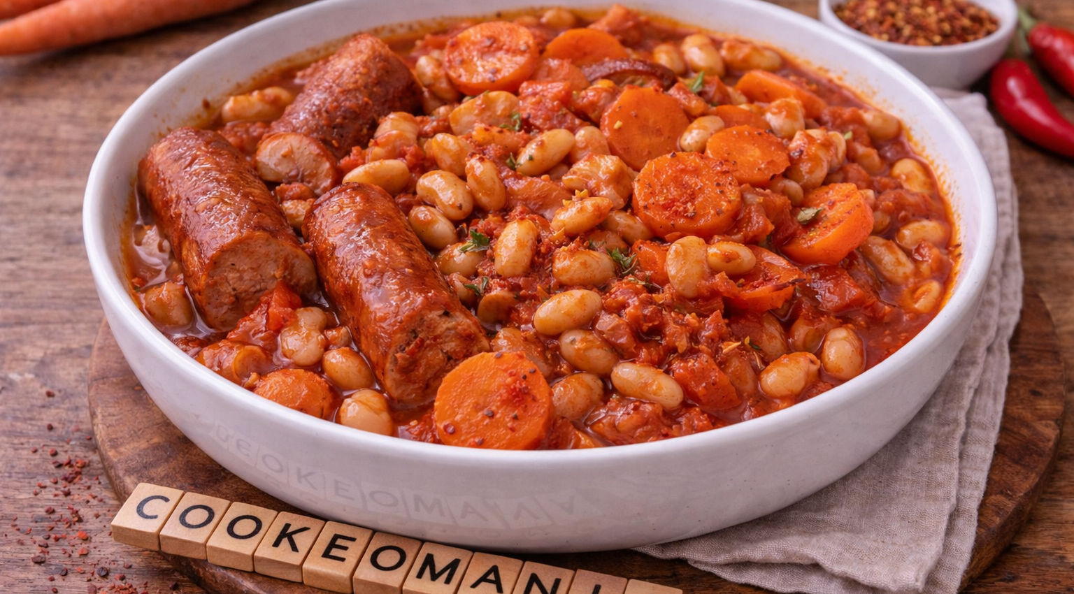 Marmite rouge aux saucisses fumées, carottes et haricots blancs