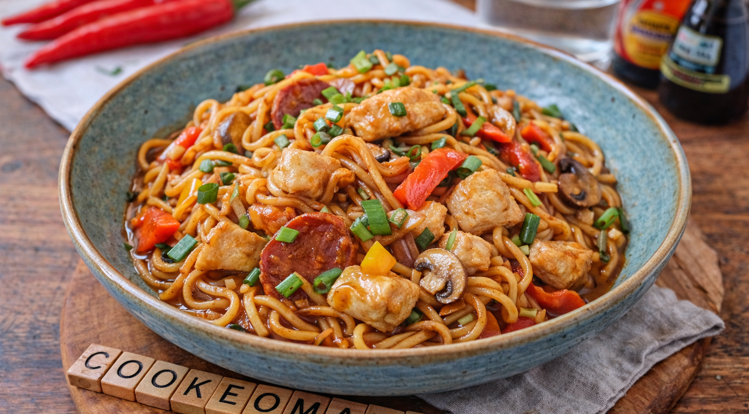 Nouilles sucrées-salées au poulet et légumes croquants au Cookeo
