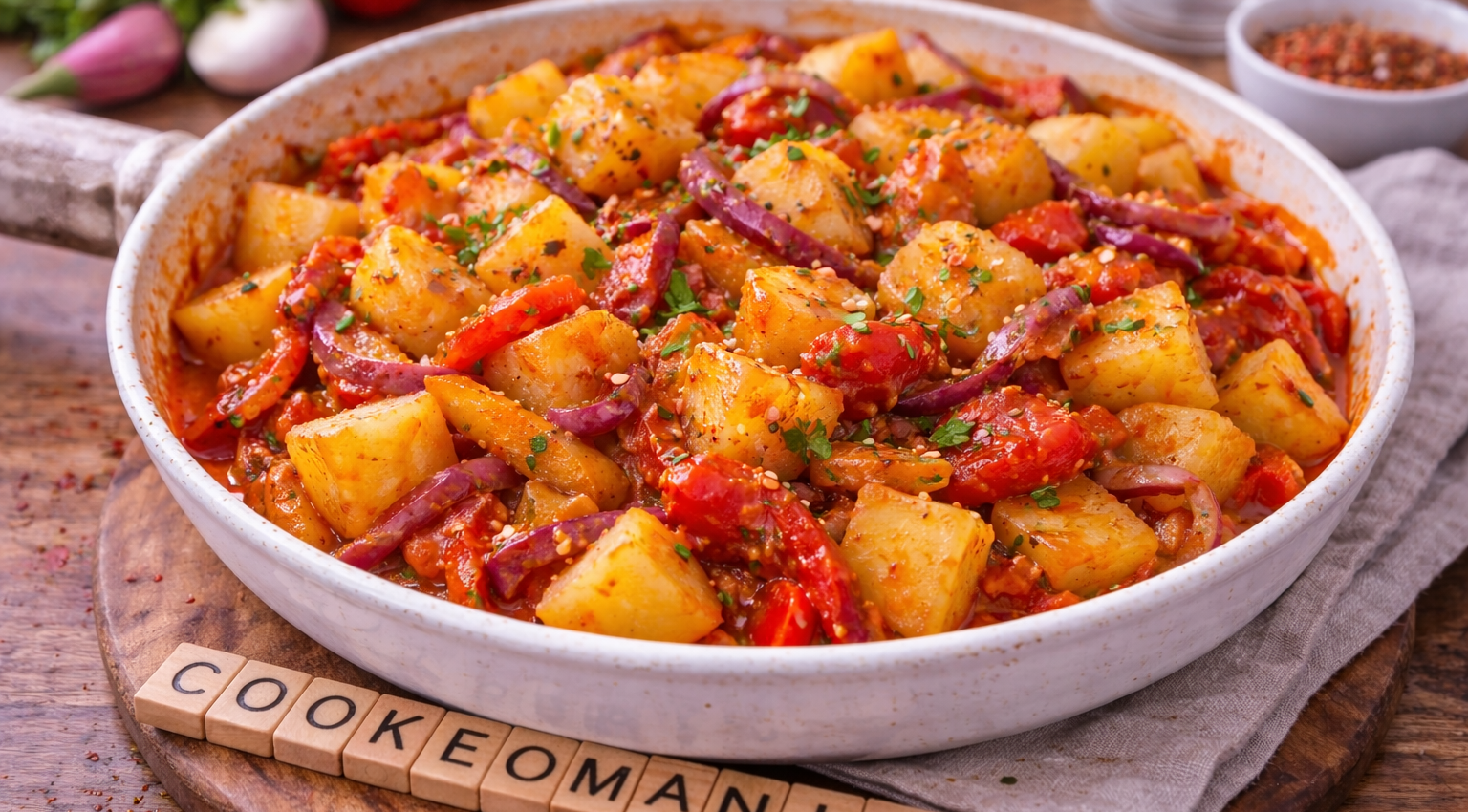 Patatas fondantes aux oignons rouges, poivrons grillés et tomates au Cookeo