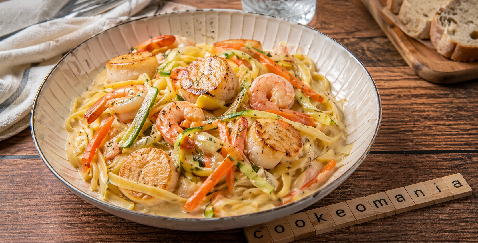 Pâtes aux Saint-Jacques, crevettes et julienne de légumes