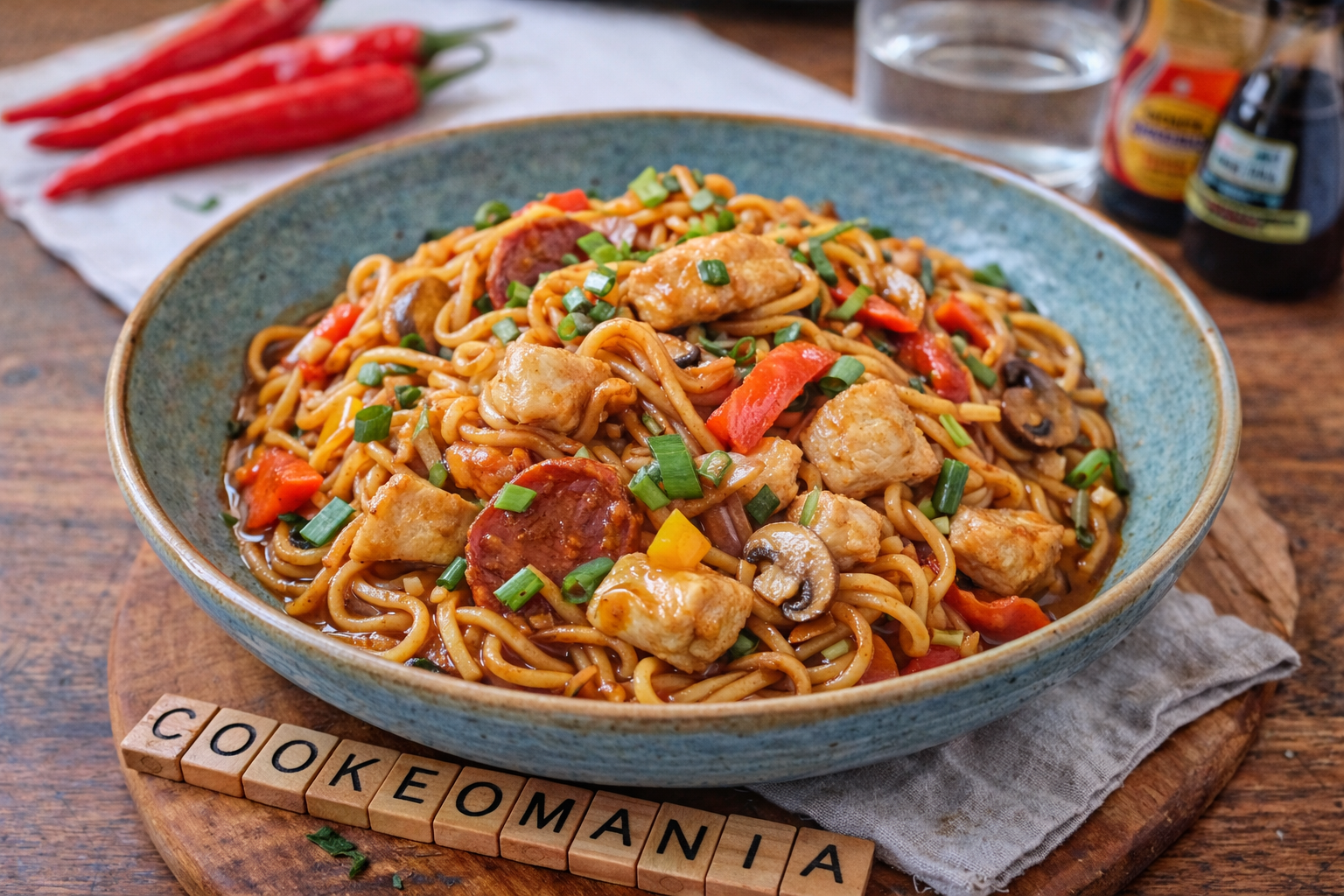 Nouilles sucrées-salées au poulet et légumes croquants au Cookeo